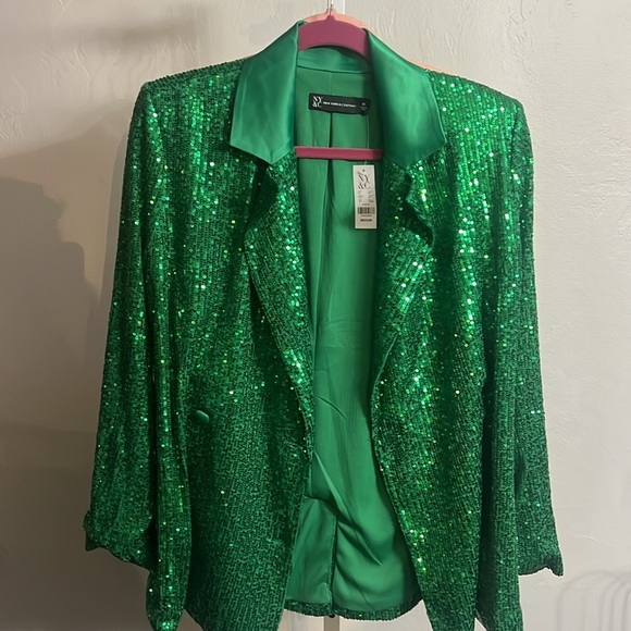 NWT New York and Company Green Sequins Double Breasted Blazer sz Medium M satin - Picture 5 of 5